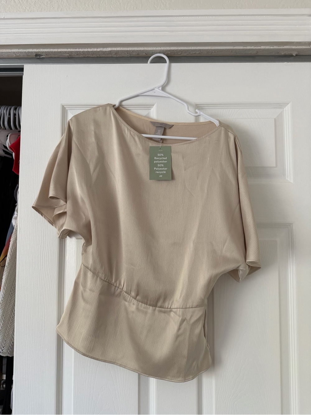 H&M Beige Short-Sleeve Peplum-Style Blouse